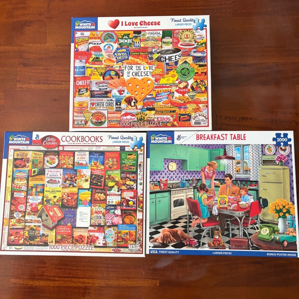 White Mountain 1000 Piece Puzzle Lot - Love Cheese, Breakfast Table, Cookbooks